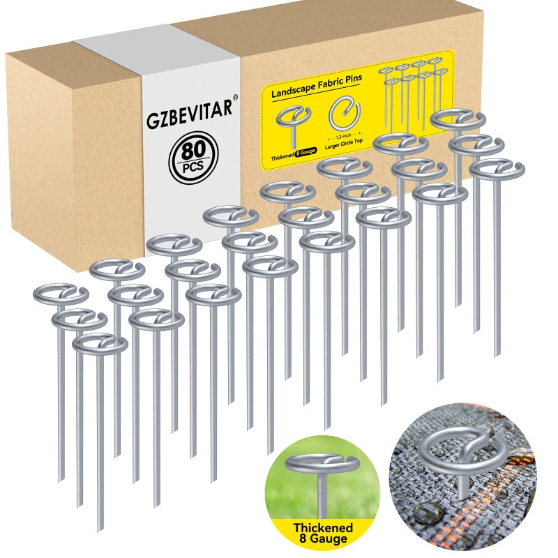 GZBEVITAR Landscape Fabric Pins  Thickened 8 Gauge Circle Top Landscape Pins  Not Easy to Bend 6 inch Galvanized Landscape Fabric Stakes  More Holding Power Garden Staples (80 Circle Top) - Image 1